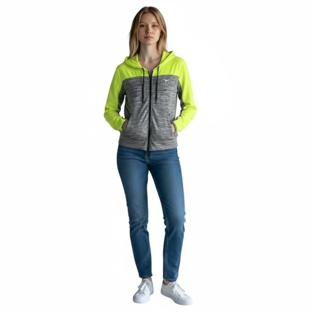 Pink Victoria Secret XS Bright Neon Yellow/Green Marbled Gray Zip Hoodie Logo